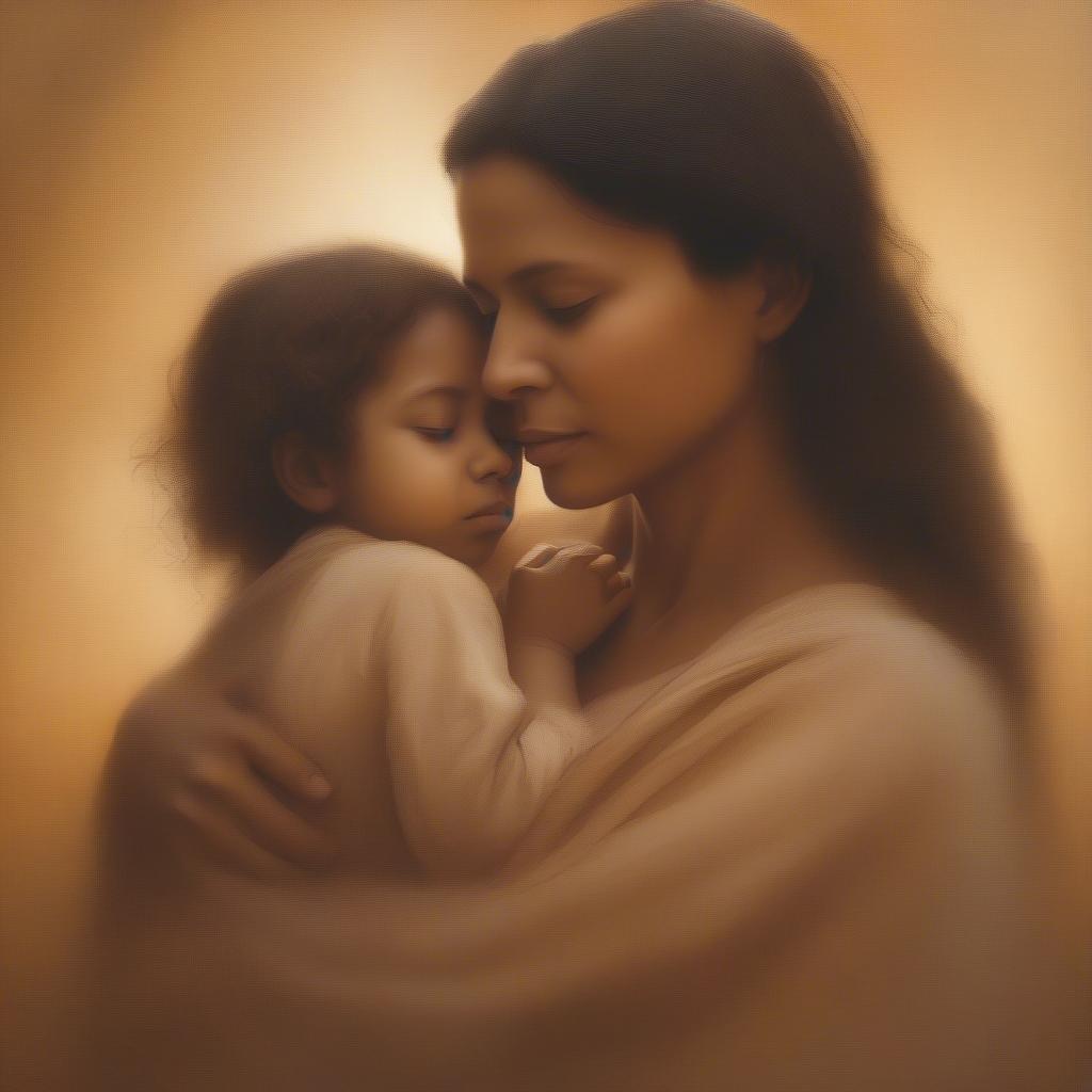 A Mother's Unconditional Love: A woman embracing her child, radiating warmth and affection.  The background is a soft, warm color, emphasizing the feeling of security and love.