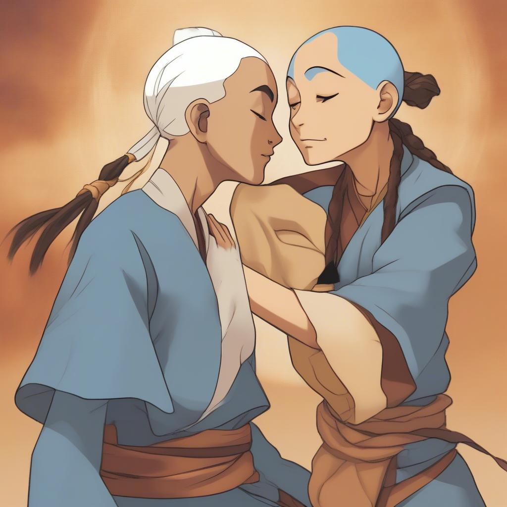 Aang and Katara share a tender moment, illustrating the depth of their love.