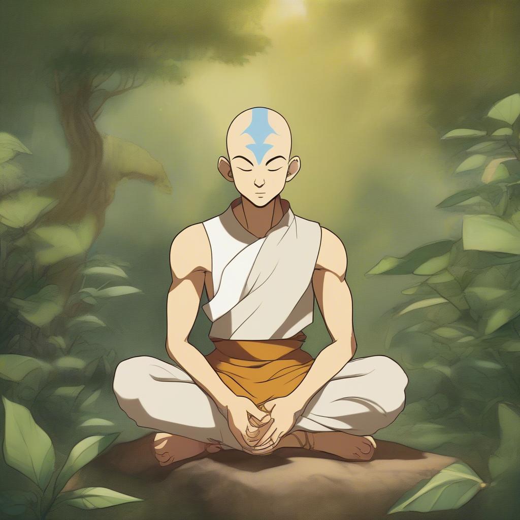 Aang meditating amidst nature, symbolizing his connection to all living things.