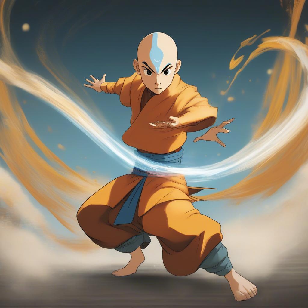 Aang using his airbending skills, representing his ability to inspire hope and positive change.