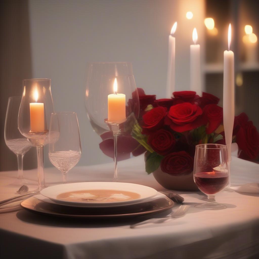 Romantic dinner setting with candles and wine, ideal for expressing love