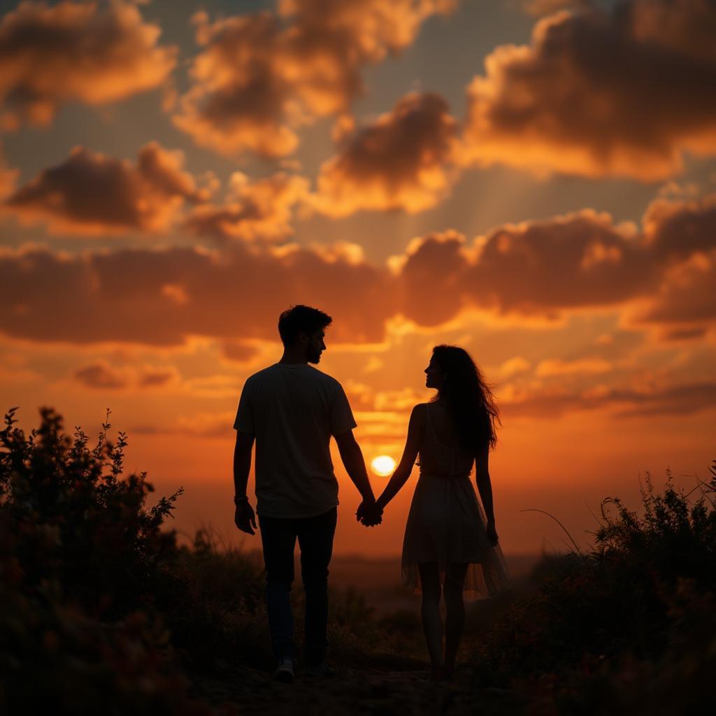 Couple Walking at Sunset, Holding Hands