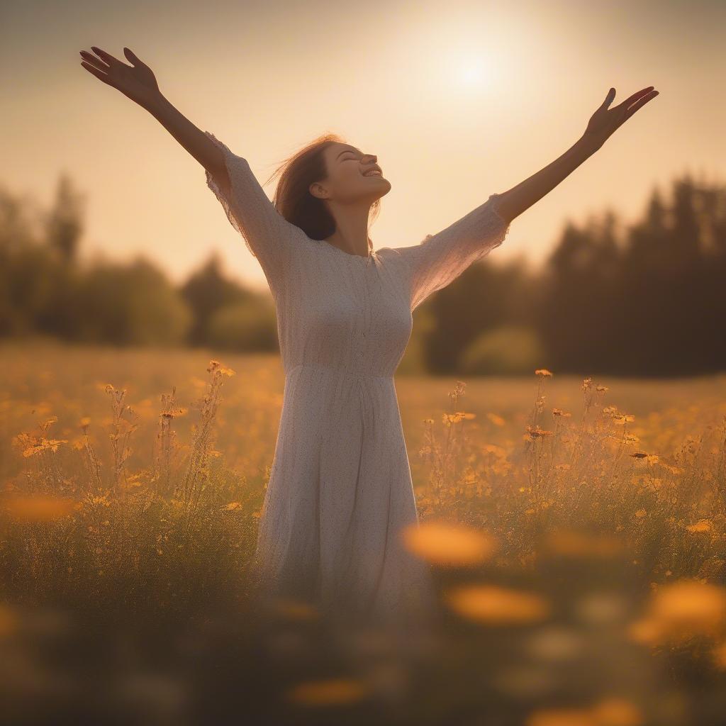 Woman with open arms embracing the sunlight, symbolizing acceptance of love.