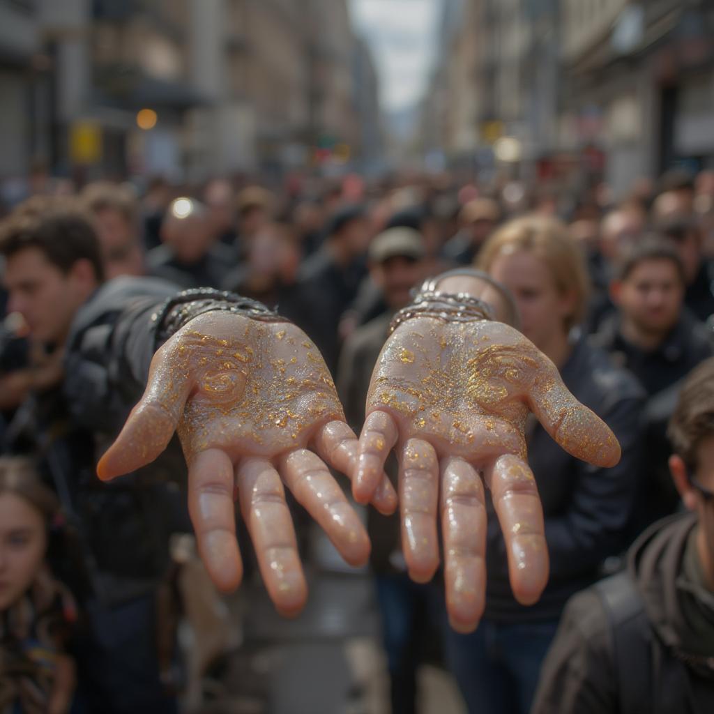 Unexpected Connection: Two people reaching for each other's hands across a crowded room, symbolizing the unexpected spark of connection.