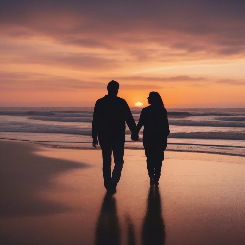 Couple holding hands walking on the beach at sunset