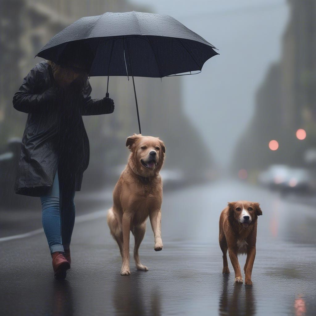 Woman Walking Dog in the Rain