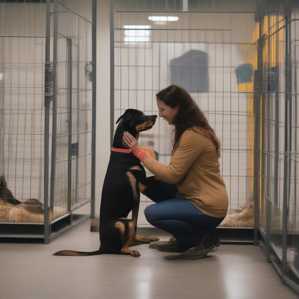 A person meeting a dog at an animal shelter