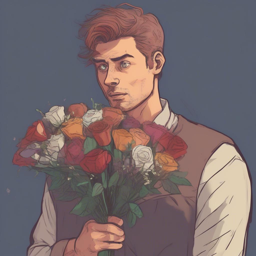 Man nervously holding flowers, contemplating confessing his love.