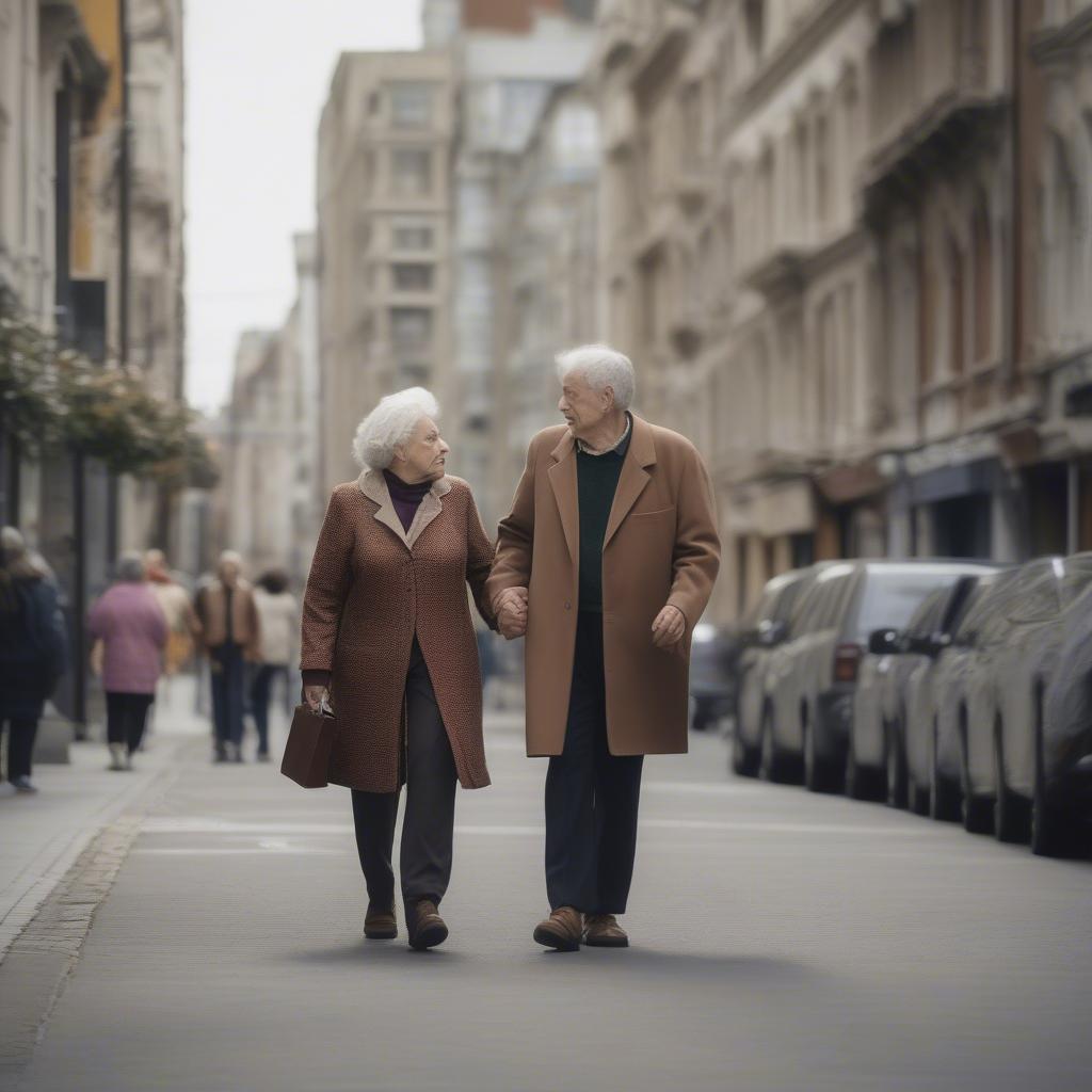 Couple holding hands while walking down the street, unfazed by stares.