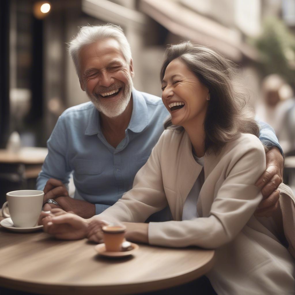 Happy couple laughing together, despite their age difference.