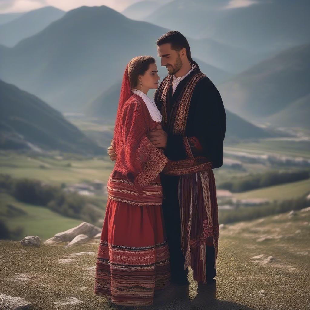 Albanian Couple Embracing with Mountain Backdrop