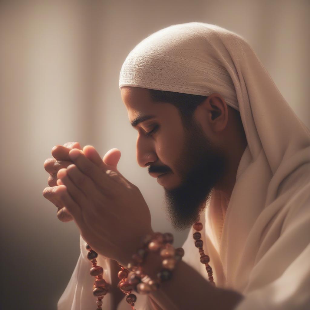 Muslim praying with beads, surrounded by light representing divine love.