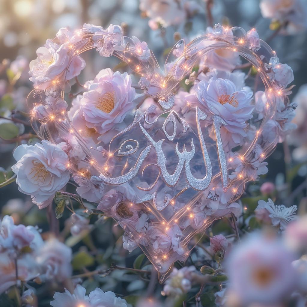 Calligraphy of Allah's name with a heart and flowers