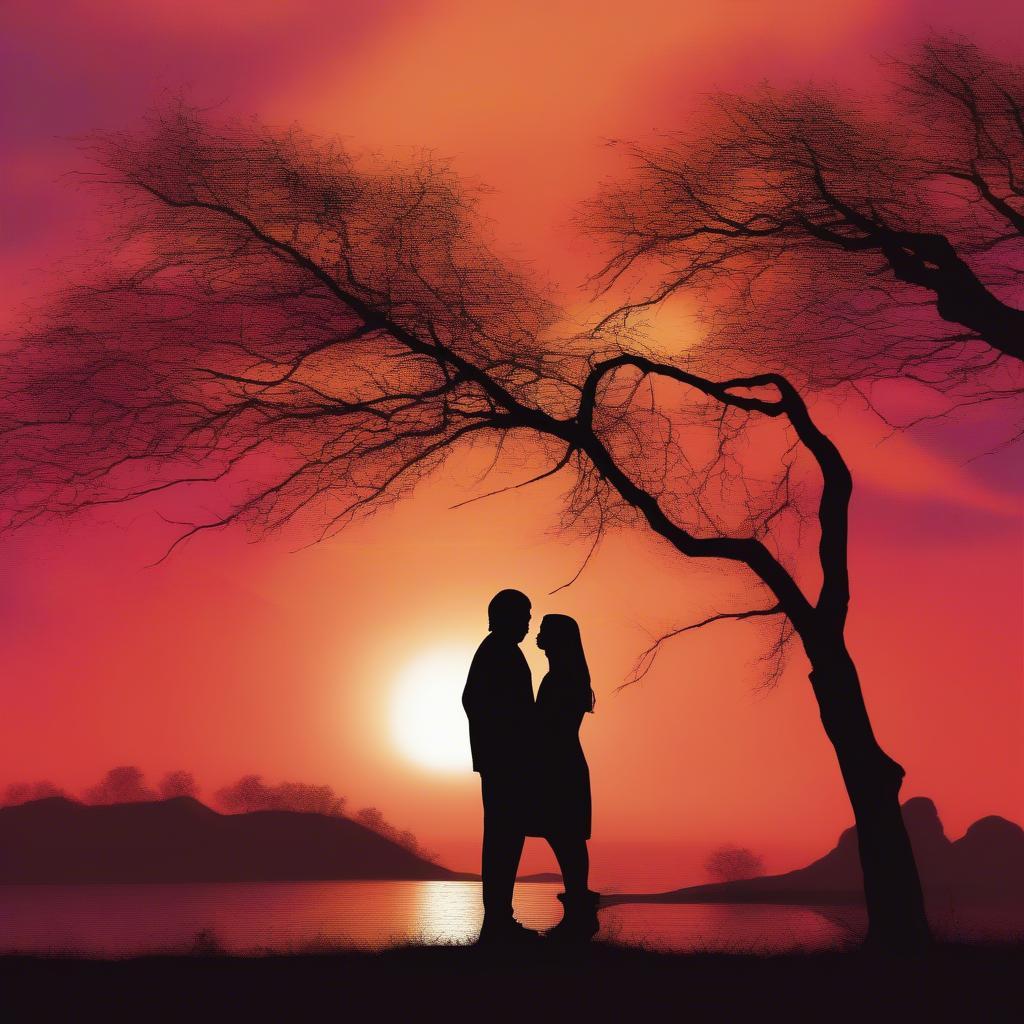 Couple looking at sunset, contemplating their almost love