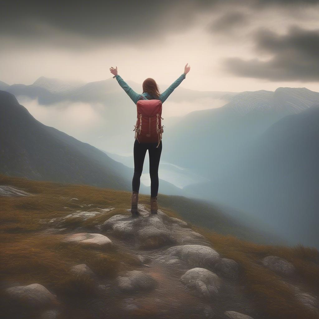 A woman hiking solo on a mountain trail, overlooking a breathtaking view