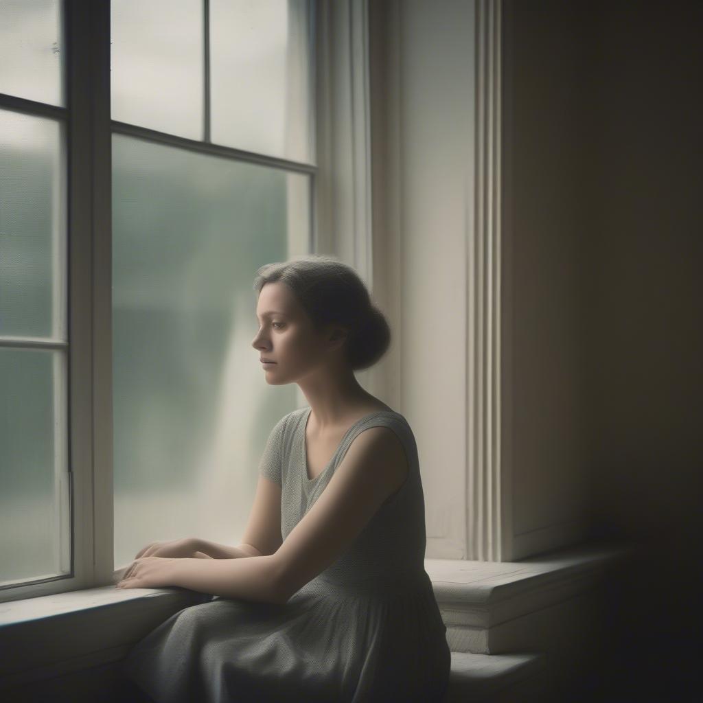 A pensive woman looking out a window, contemplating love and loneliness.