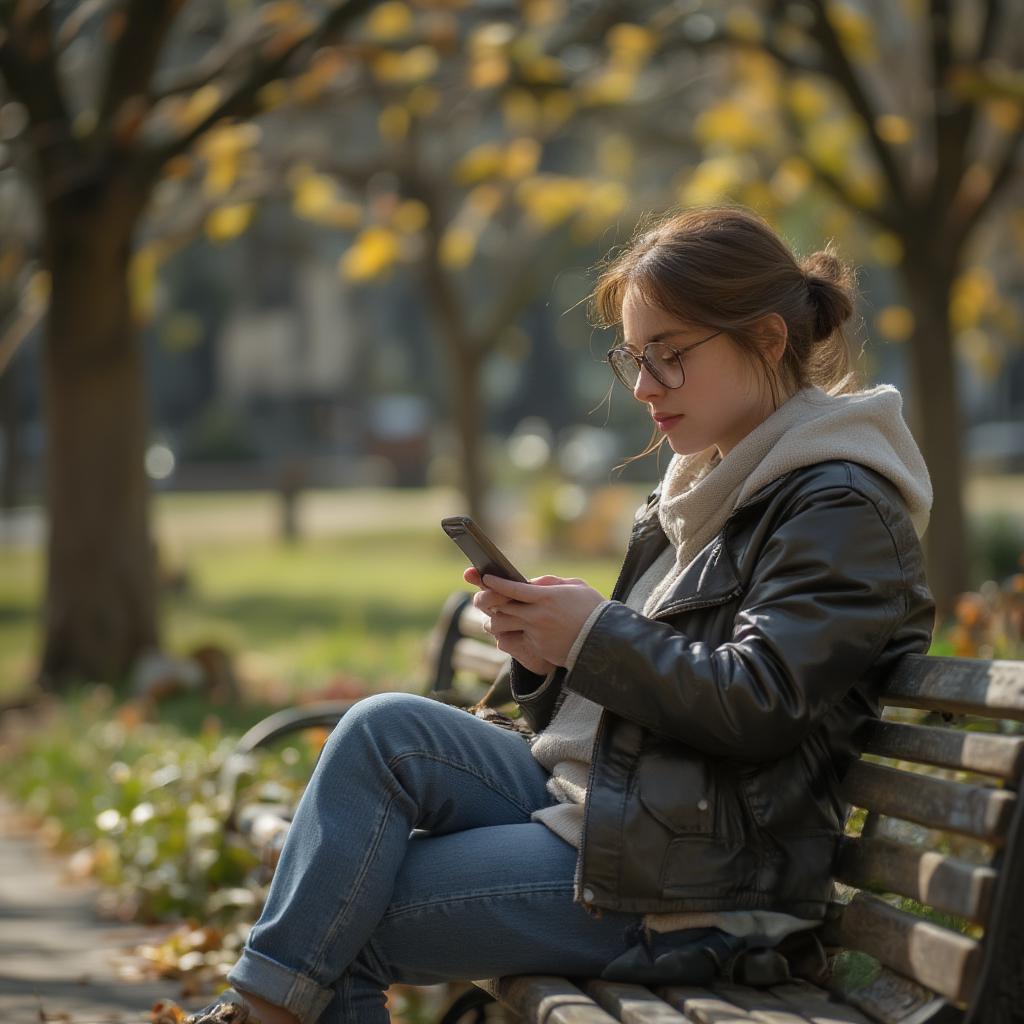 A person reading love quotes on their smartphone while sitting on a park bench.