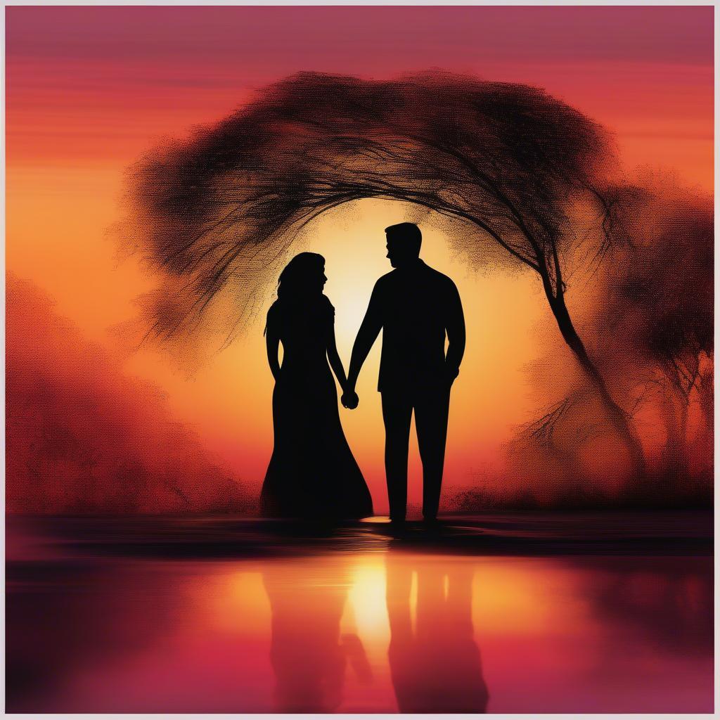 Couple Silhouetted Against a Vibrant Sunset Holding Hands