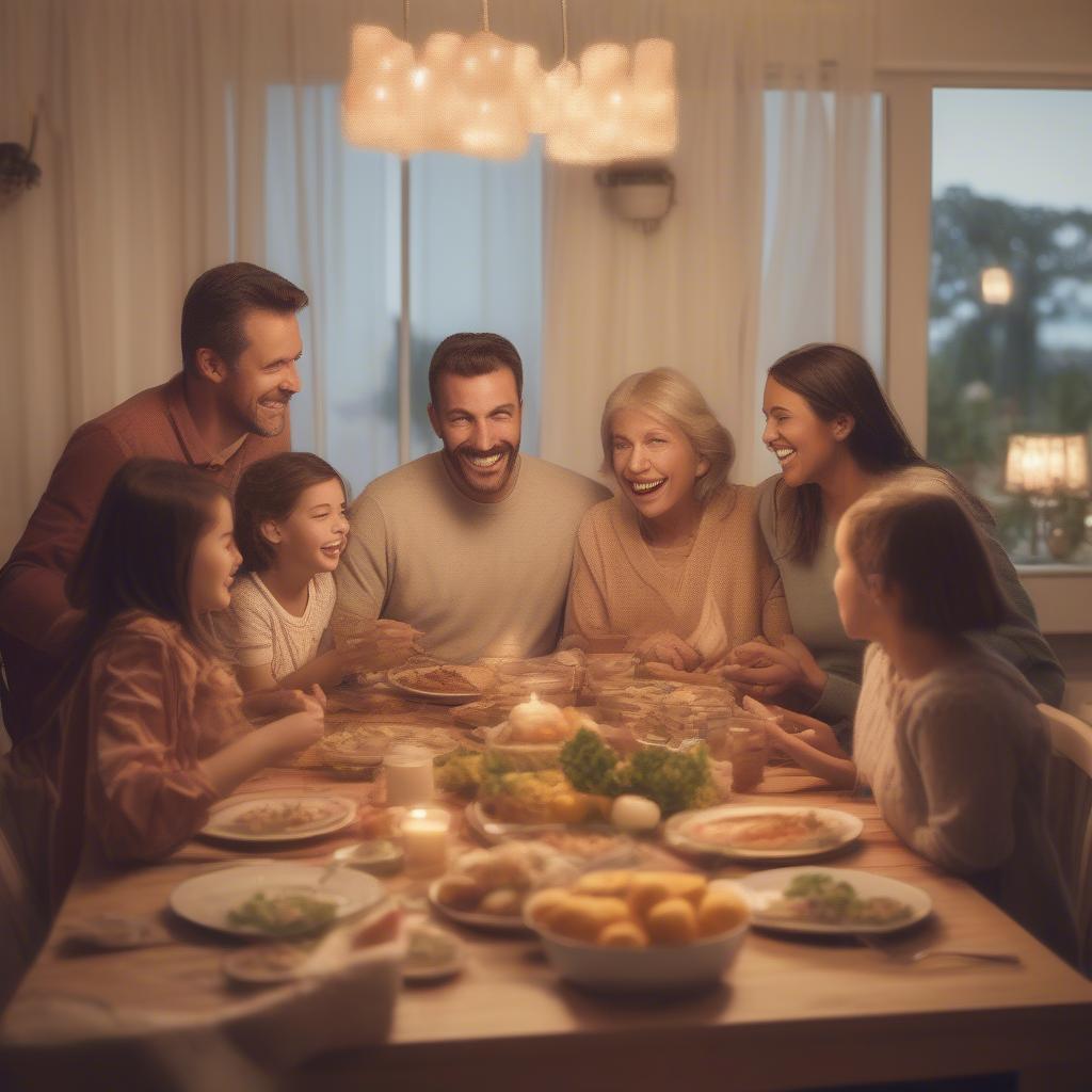 Family enjoying dinner together, laughing and talking