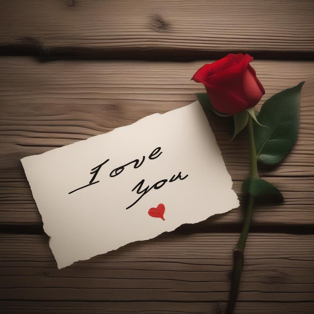 Handwritten "I love you" note on a rustic wooden table