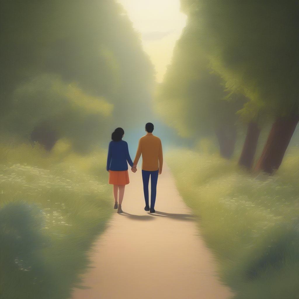 Two people holding hands, walking together on a path