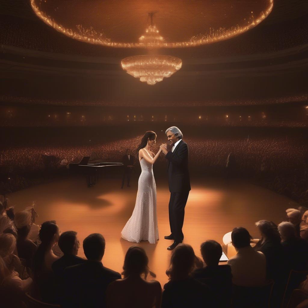 Andrea Bocelli performing on stage, bathed in warm light, with couples dancing in the audience.