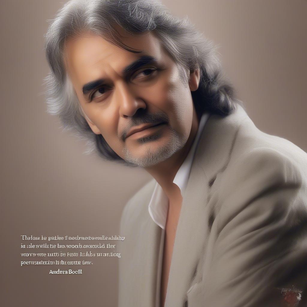 A close-up portrait of Andrea Bocelli, conveying deep emotion, alongside a text overlay featuring a quote about true love.