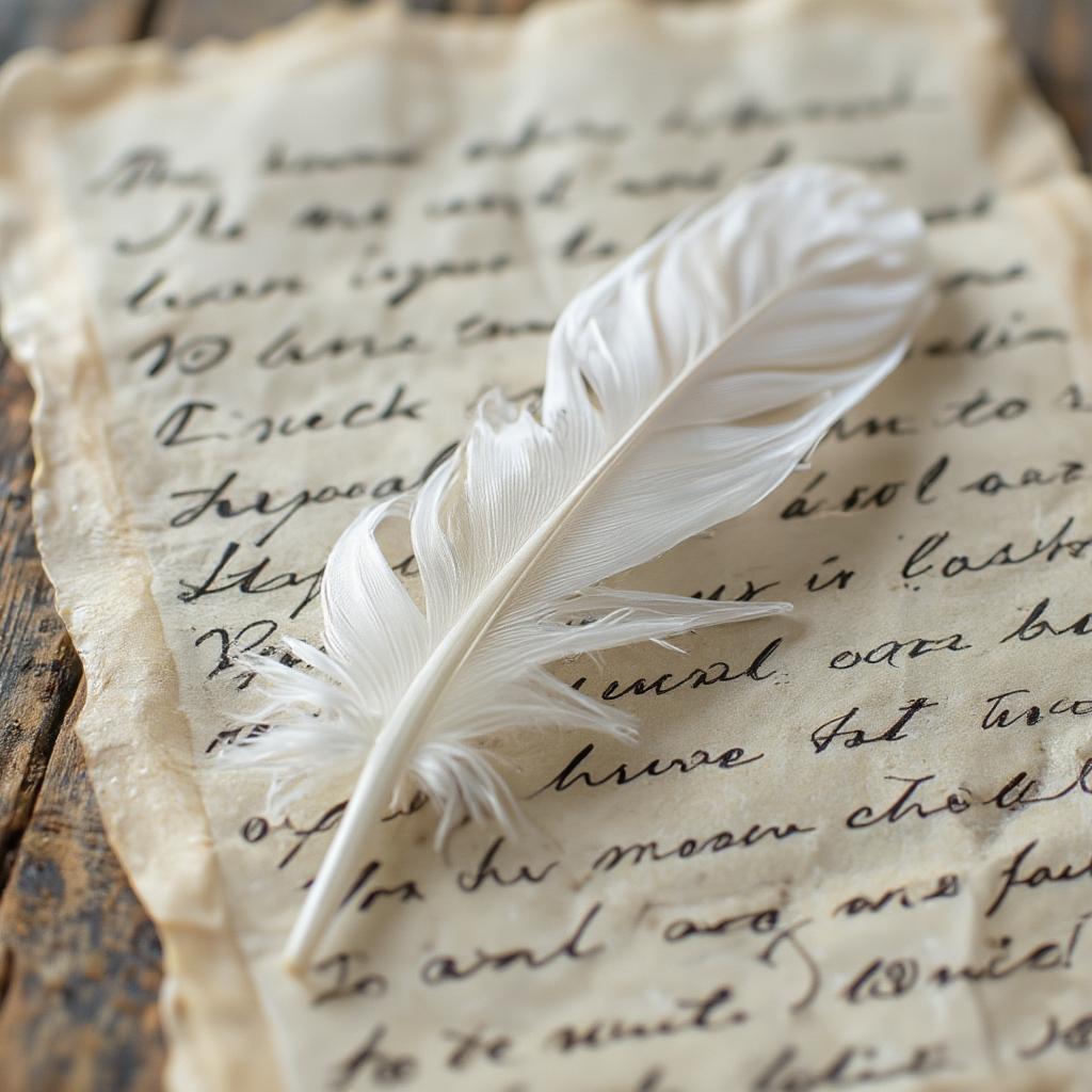 A handwritten letter with an angel feather resting on top