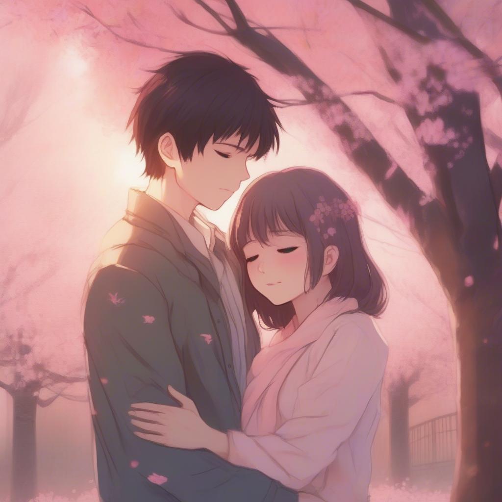 Anime Couple Embracing Under Cherry Blossoms