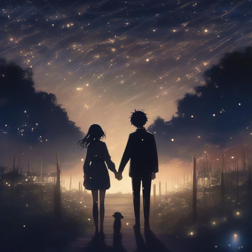 Anime couple holding hands under a starry night