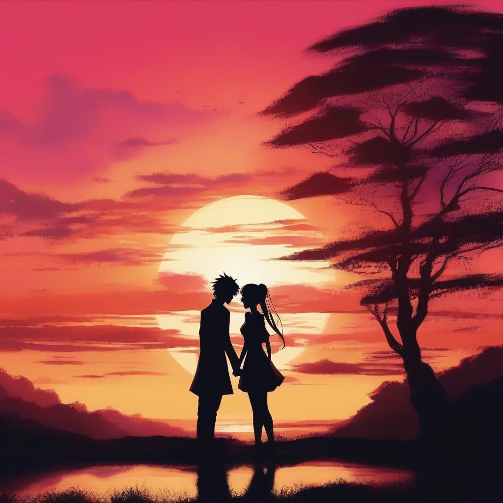 Anime couple watching a romantic sunset