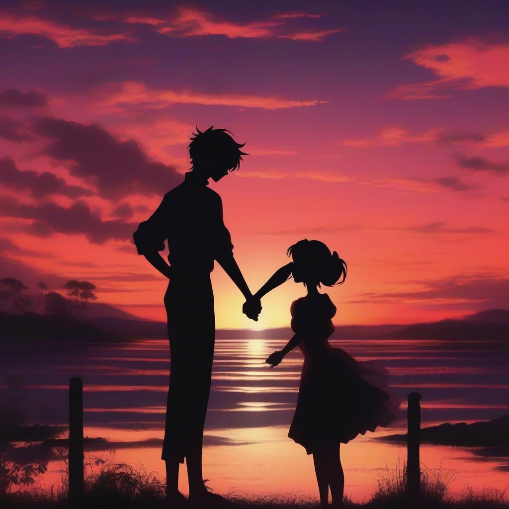 Romantic Anime Couple at Sunset