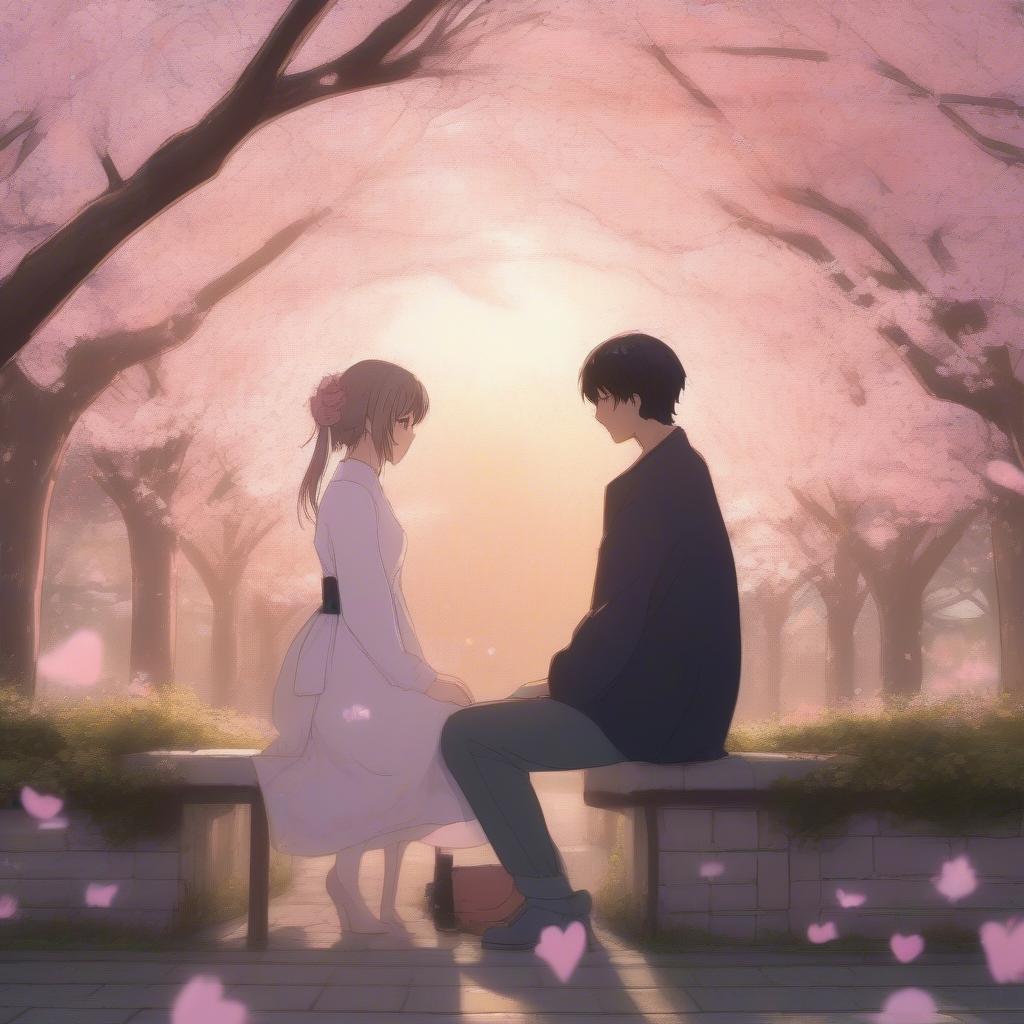 Anime love confession under cherry blossom trees