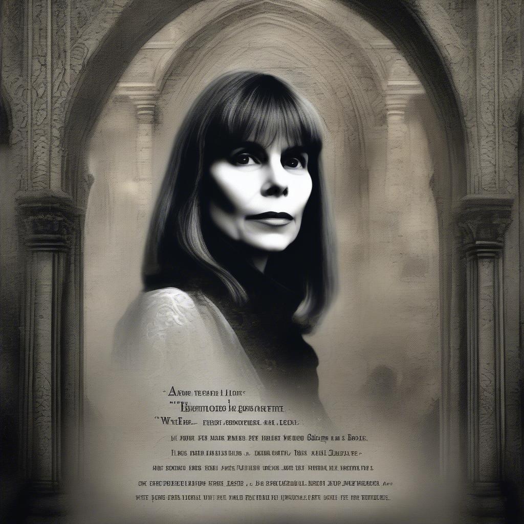 Portrait of Anne Rice with a backdrop of gothic architecture and a subtle overlay of text from her books related to themes of wicked love.