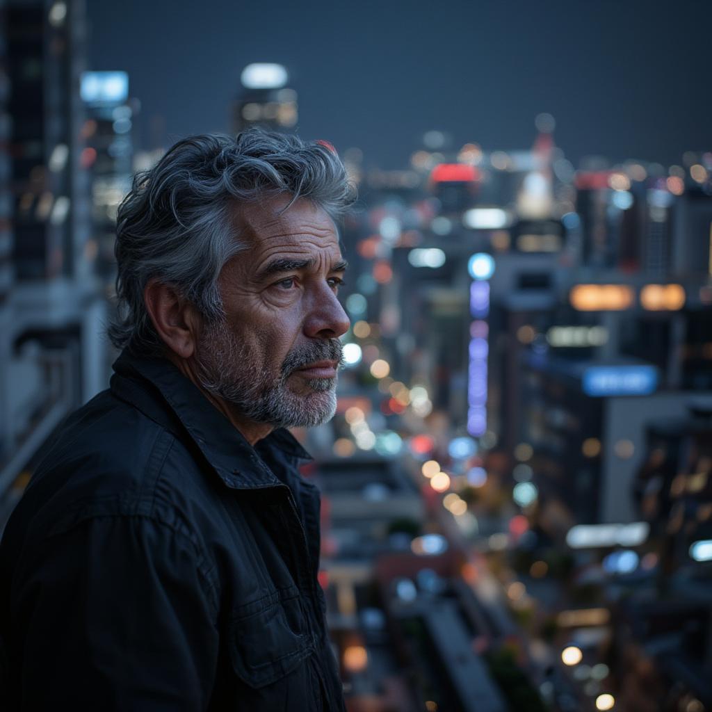 Anthony Bourdain looking out at a cityscape while contemplating love and travel.