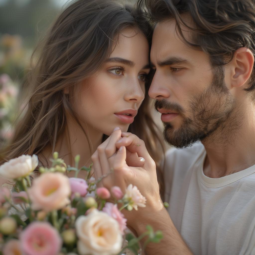 Couple apologizing with flowers