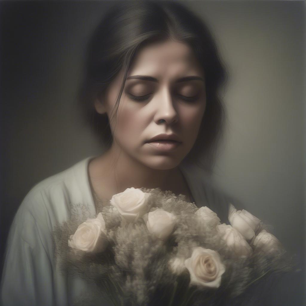 Expressing Regret: A woman holds a bouquet of flowers, tears in her eyes, looking down with a sorrowful expression.