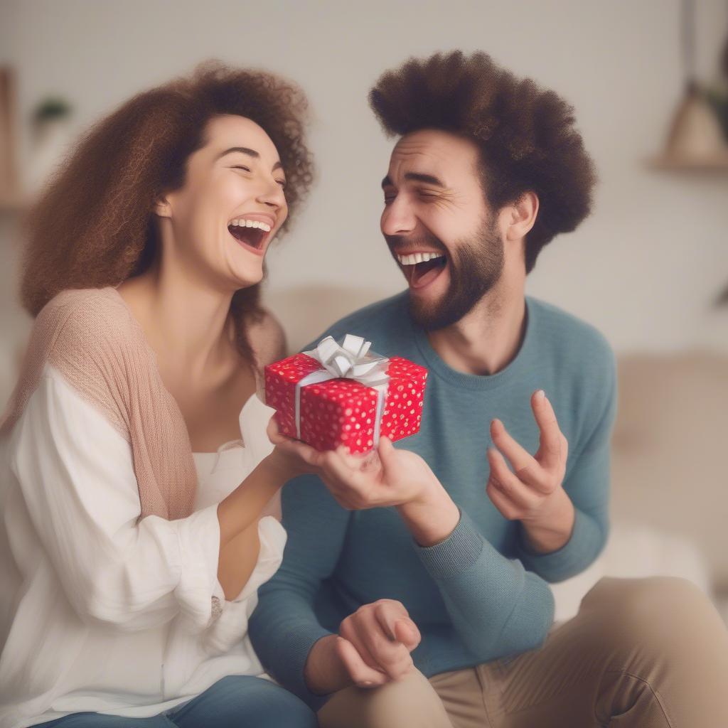 Couple laughing on April Fool's Day