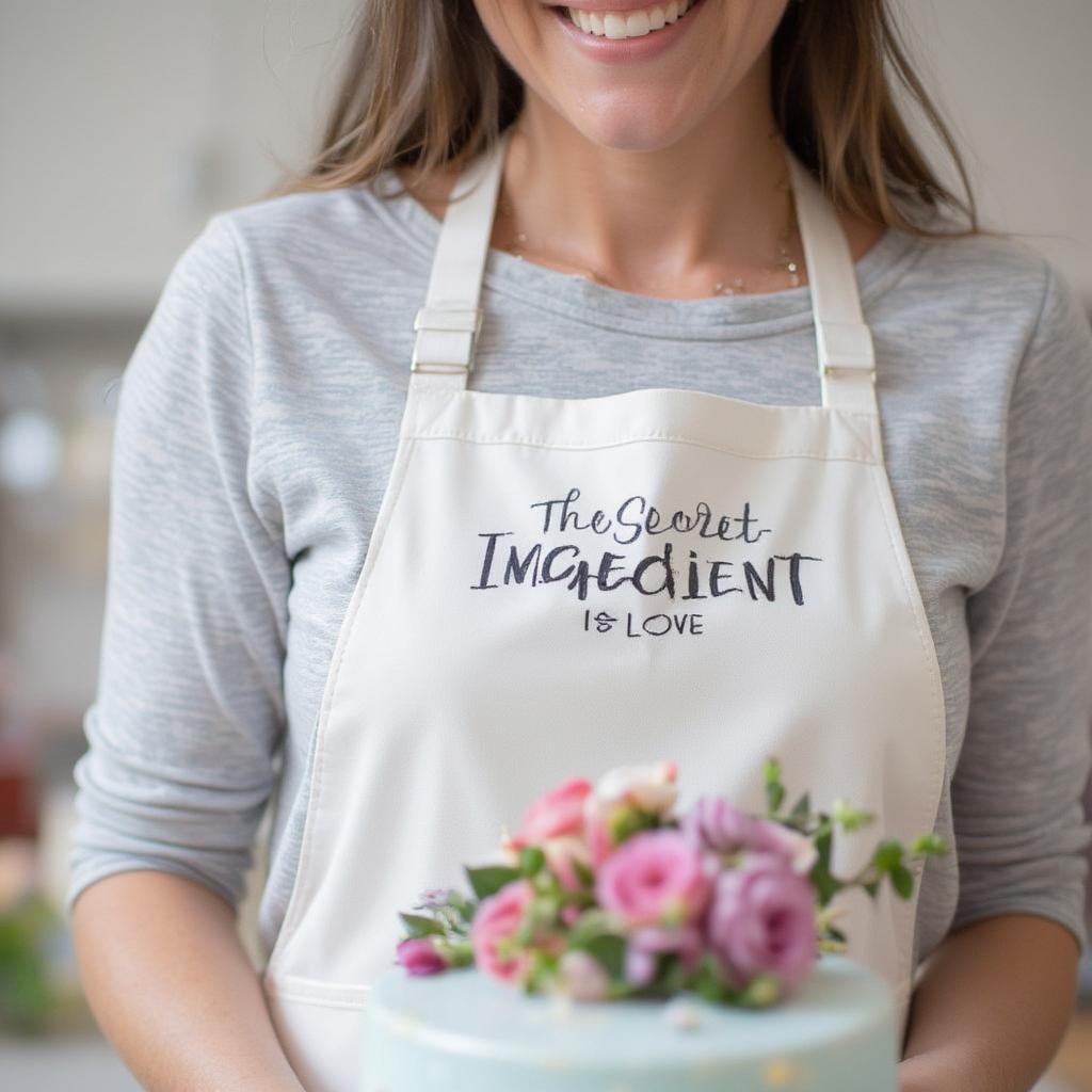 Apron with "The Secret Ingredient is Love" quote, worn by a smiling baker holding a freshly baked cake.