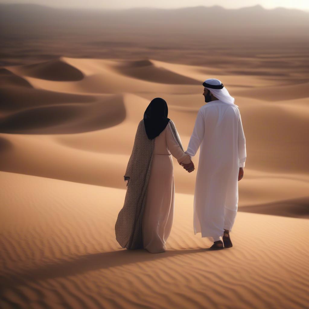 An Arab couple holding hands in the desert, symbolizing love and connection.