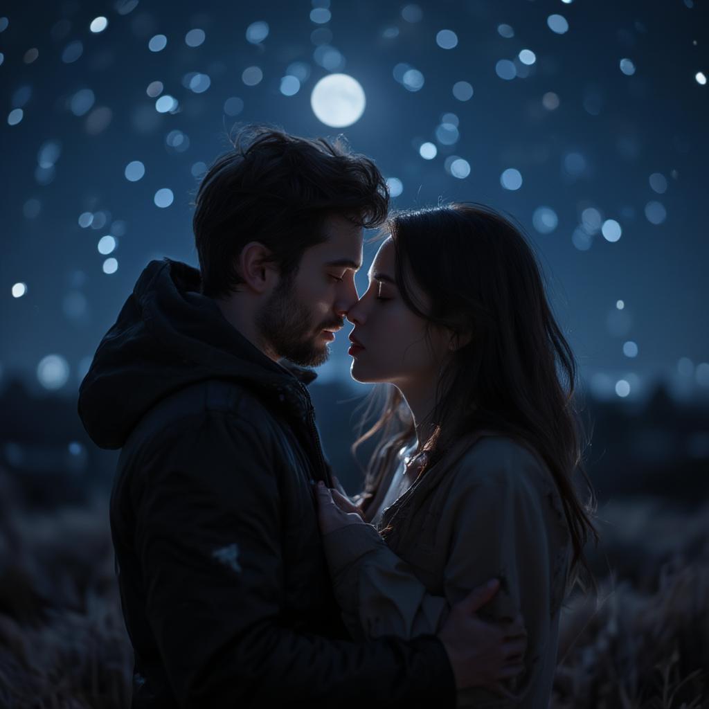 Couple embracing passionately under a starry sky