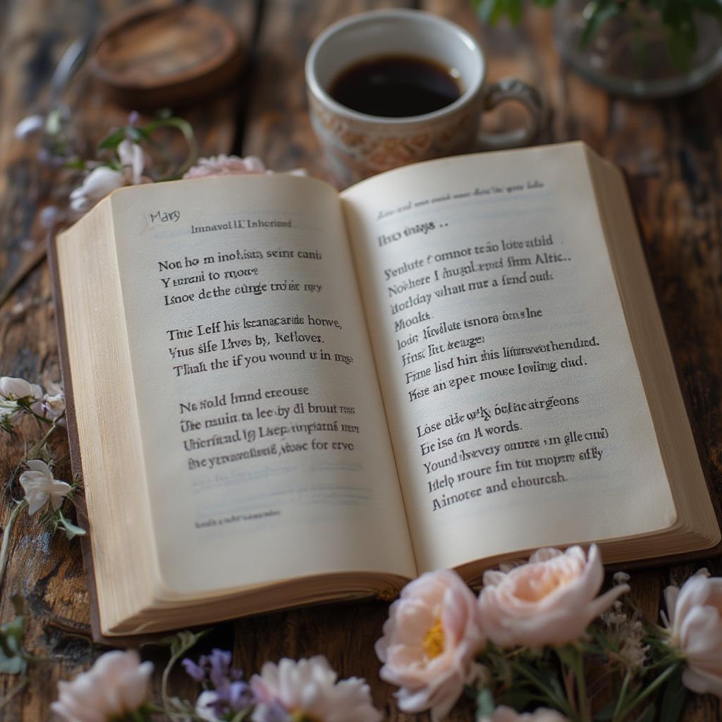 A worn copy of Atticus poetry lies open on a rustic wooden table, bathed in soft, warm light. A steaming cup of coffee and a vase of wildflowers sit nearby, creating a cozy and inviting atmosphere.