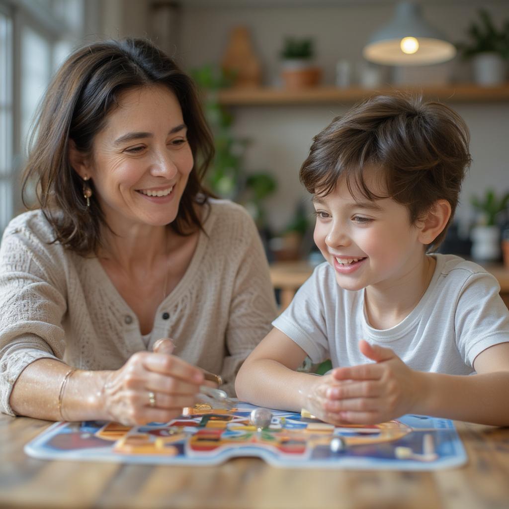 An aunt and nephew laughing together while playing a board game.