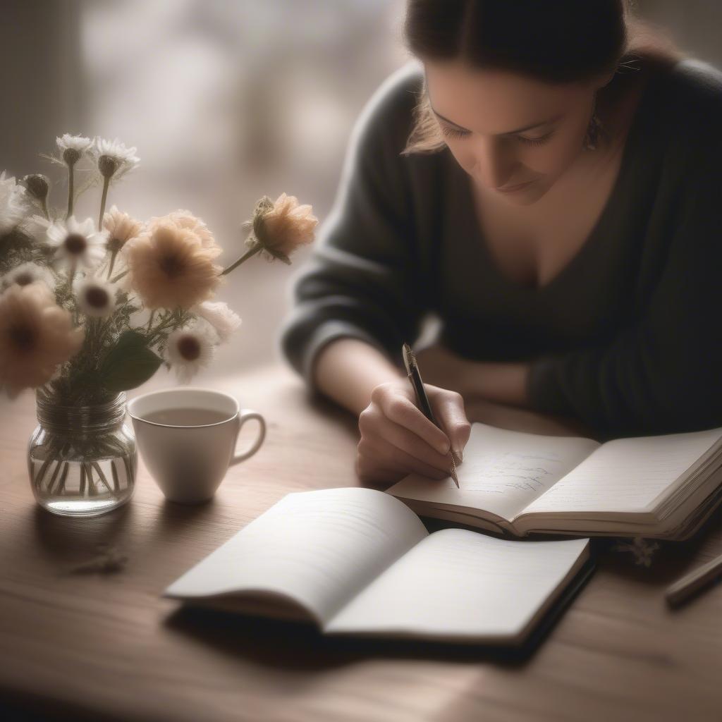 Woman writing in a journal, symbolizing the personal expression of love through Spanish quotes