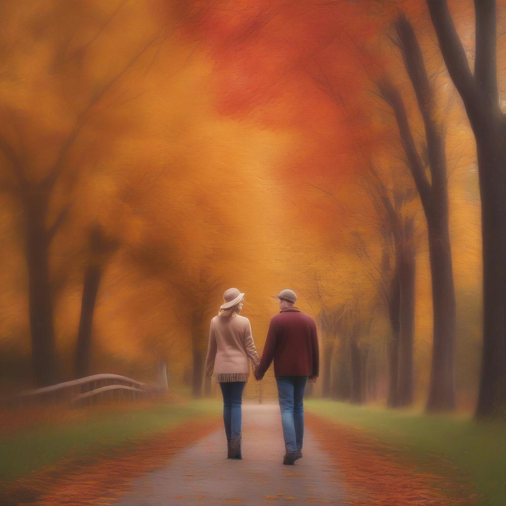 Couple walking hand-in-hand amidst colorful autumn leaves