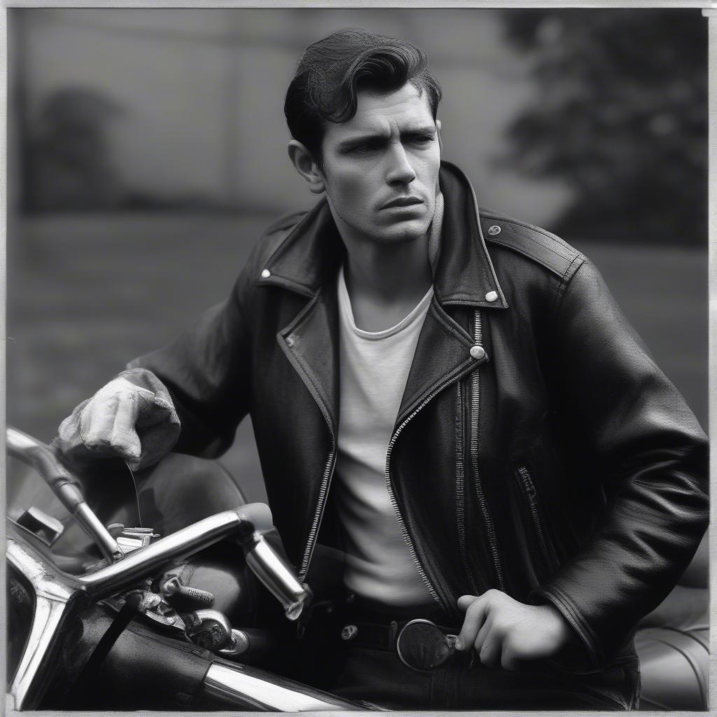 Bad boy leaning against a motorcycle wearing a leather jacket