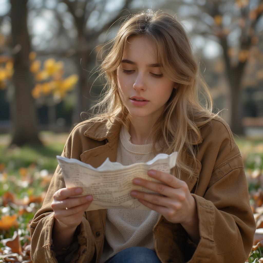 Heartbreak and Bad Luck in Love: A woman sits alone on a park bench, looking down with a sad expression. A single tear rolls down her cheek as she clutches a crumpled love letter in her hand. The background is a blurred park scene with fallen leaves, suggesting autumn and a sense of loss.