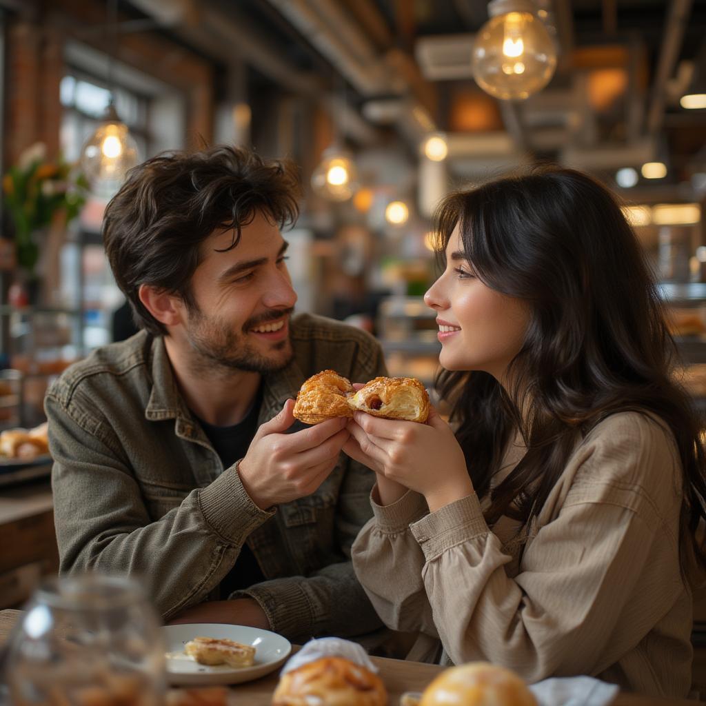 Couple Sharing a Pastry in a Bakery