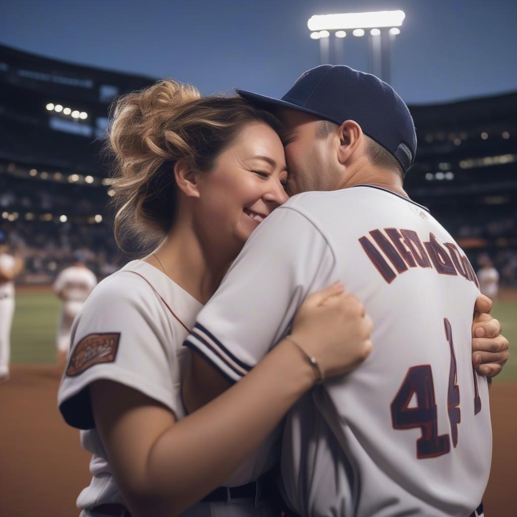 Baseball player embracing his wife after a game