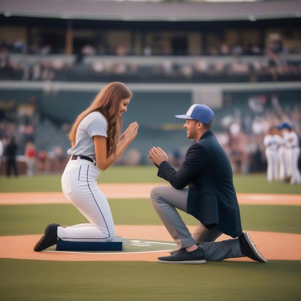 Baseball player proposing to his girlfriend on the field